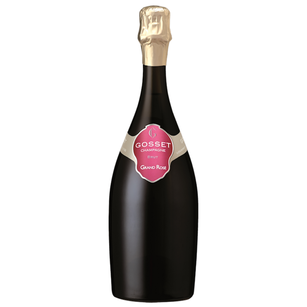Black champagne bottle with a pink label on a white background