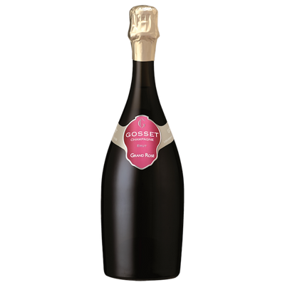 Black champagne bottle with a pink label on a white background