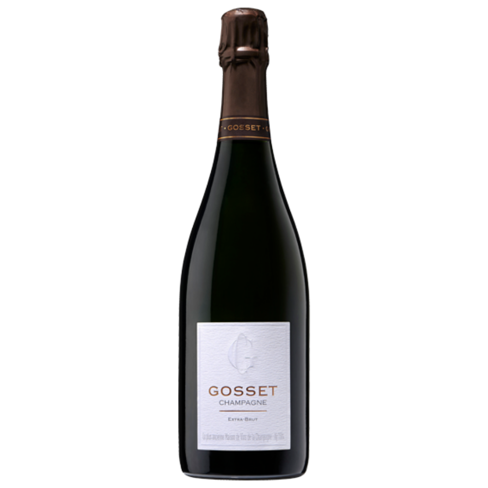 A bottle of Gosset Champagne Extra Brut on a plain white background, showing the dark glass bottle, brown foil, and white label with gold and gray text.