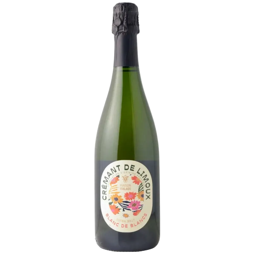 A bottle of Crémant de Limoux Blanc de Blancs sparkling wine, featuring a dark green glass bottle with a black foil capsule and a colorful floral label.