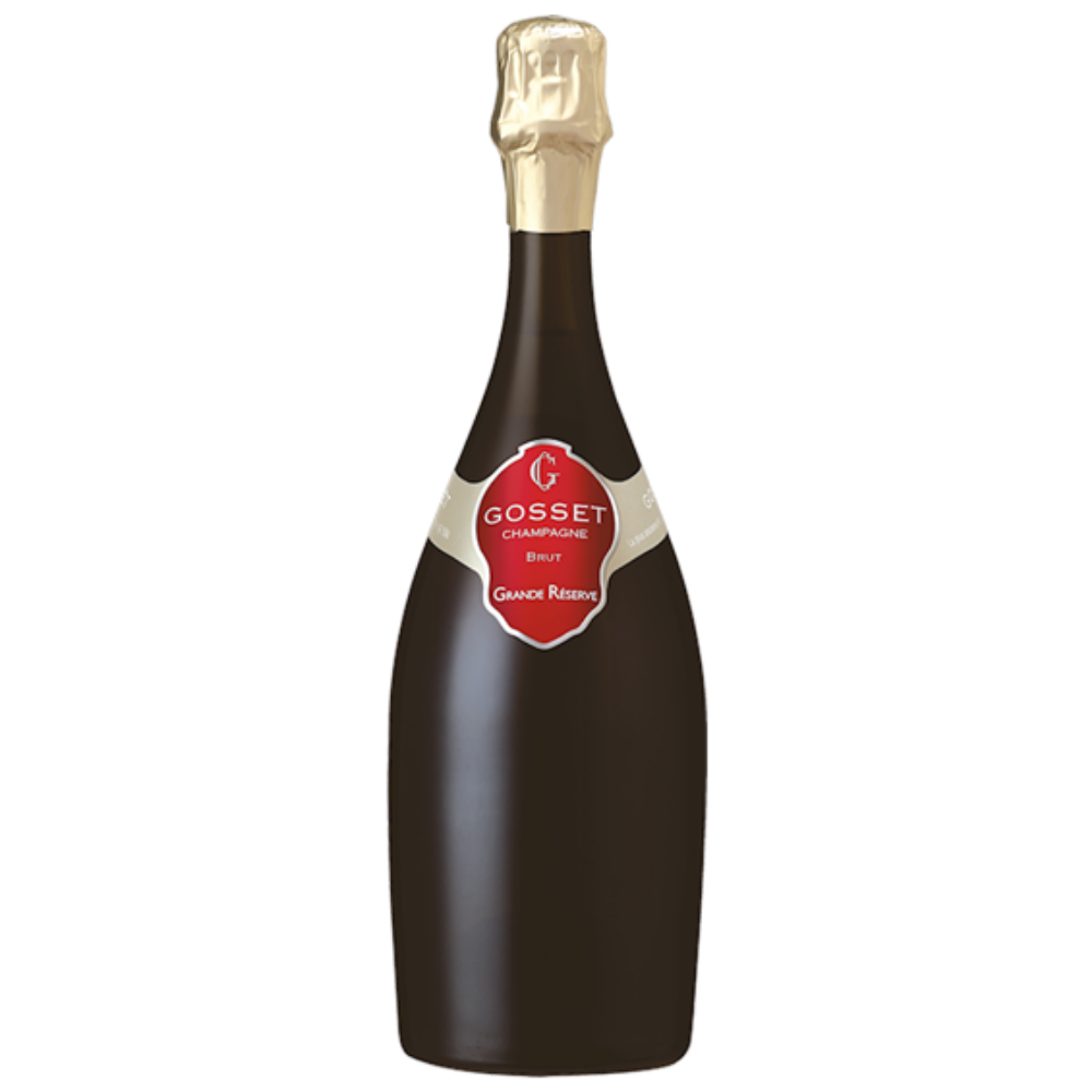 A bottle of Gosset Champagne Brut Non-Alcoholic, featuring a dark brown bottle, a gold foil-wrapped neck, and a red and white label on a plain white background.