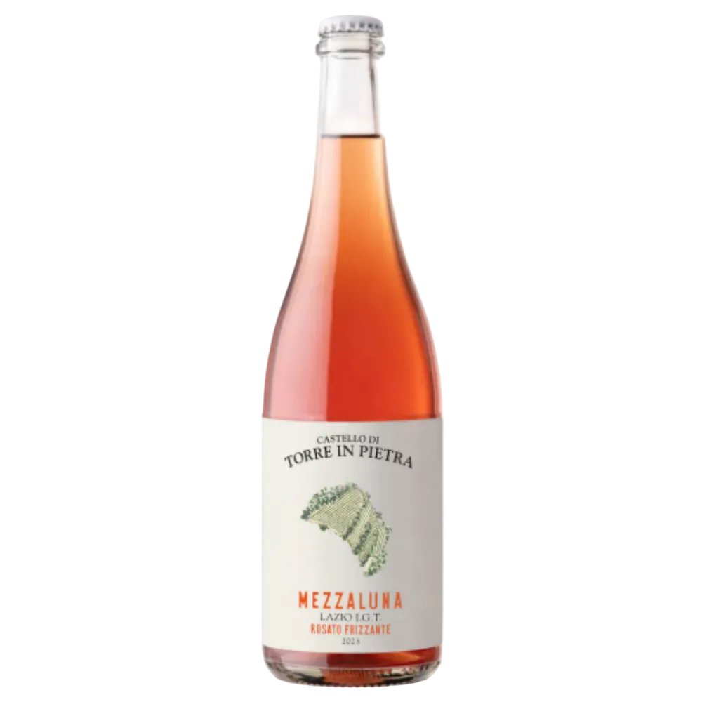 A bottle of Castello di Torre in Pietra Mezzaluna Lamboletto Risato Frizzante sparkling wine, showing the pinkish-amber liquid inside a clear glass bottle with a white label.