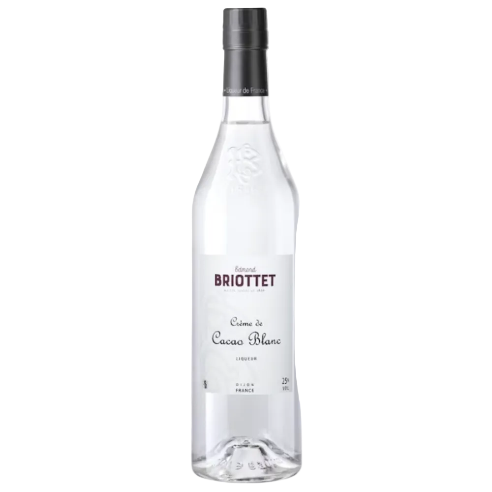 A bottle of Briottet Cacao Blanc liqueur, featuring a clear glass bottle with a white label and a black cap, set against a plain white background.