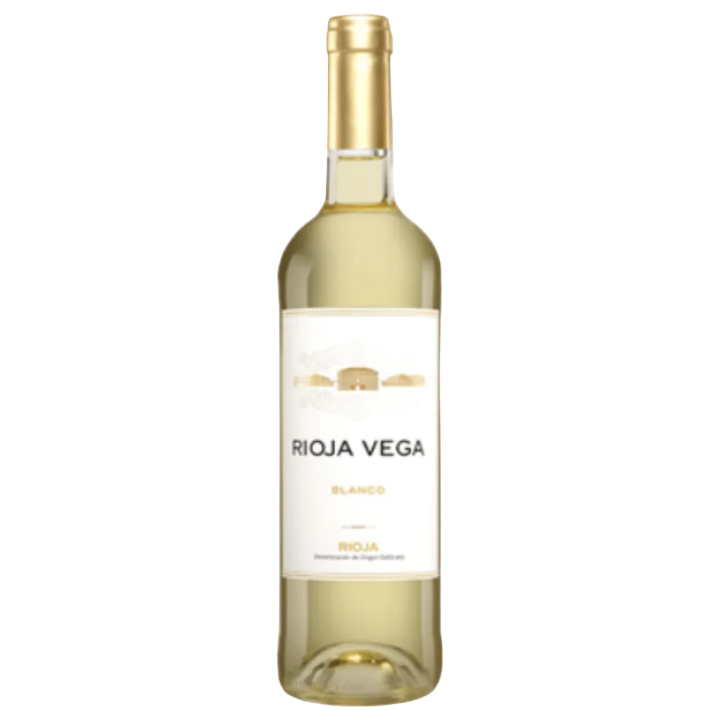 A bottle of Rioja Vega Blanco white wine with a gold foil neck wrap and a white label featuring the brand name 'RIOJA VEGA' in black text, isolated on a white background.