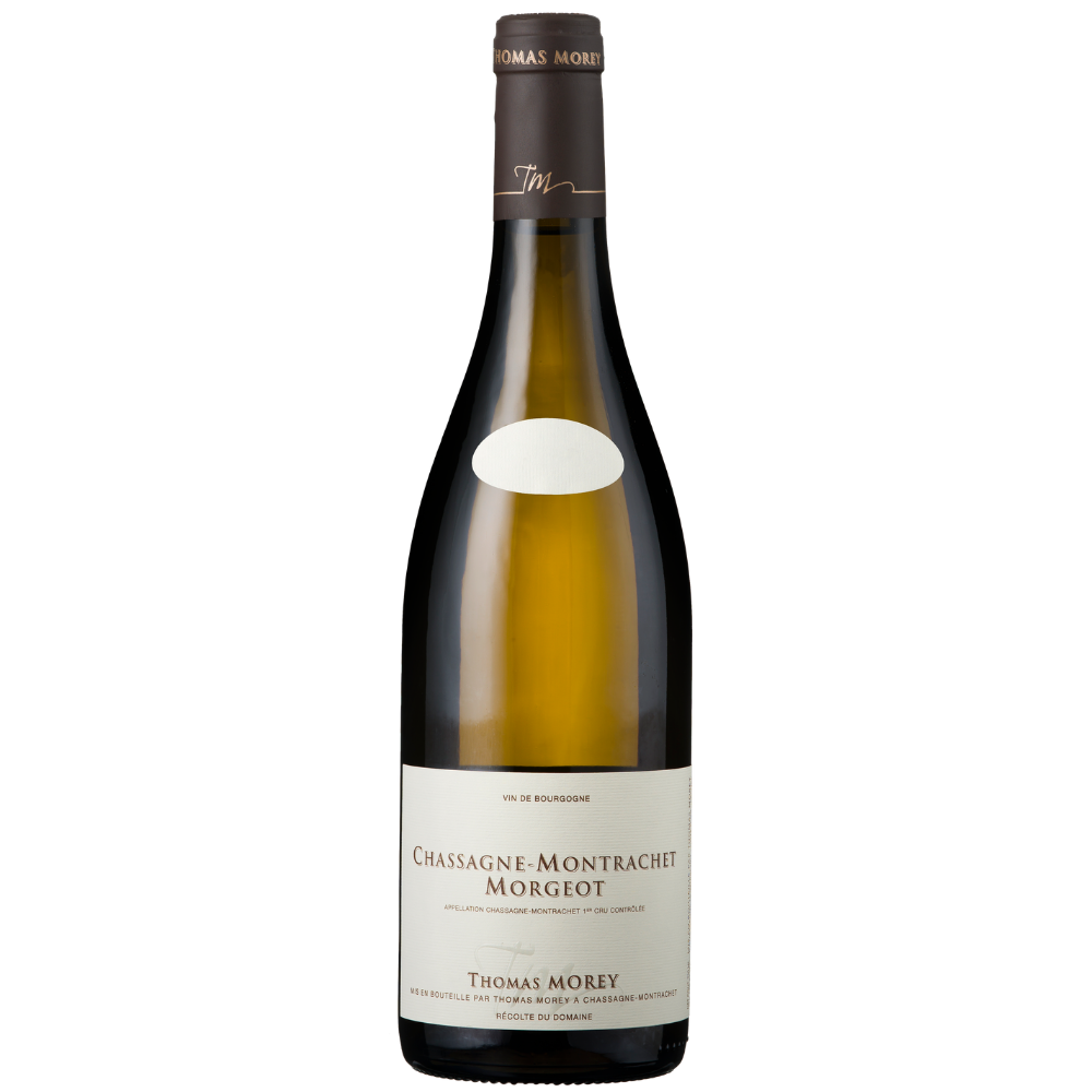 A bottle of Thomas Morey Chassagne-Montrachet Morgeot white wine, featuring a dark brown glass bottle with a cream-colored label and a dark brown capsule, isolated on a white background.