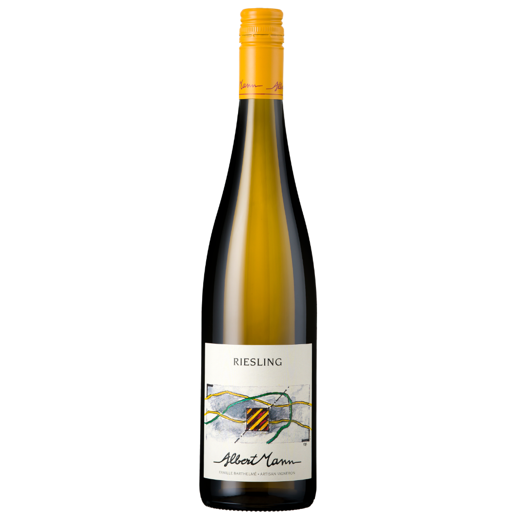 A bottle of Albert Nam Riesling white wine with a yellow-orange cap and a white label featuring a bee illustration, set against a plain white background.