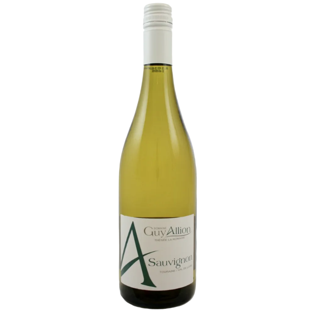 A bottle of Guy Allicon Sauvignon Blanc white wine on a plain white background.