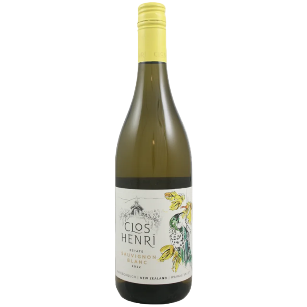 A bottle of Clos Henri Estate Sauvignon Blanc 2024 white wine, featuring a dark green glass bottle, a pale yellow capsule, and a white label with a colorful illustration of a bird.