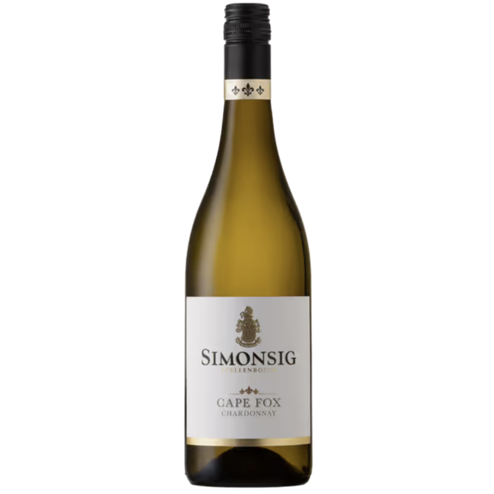 A bottle of Simonsig Cape Fox Chardonnay white wine, featuring a white label with gold accents and a black screw cap, set against a plain white background.