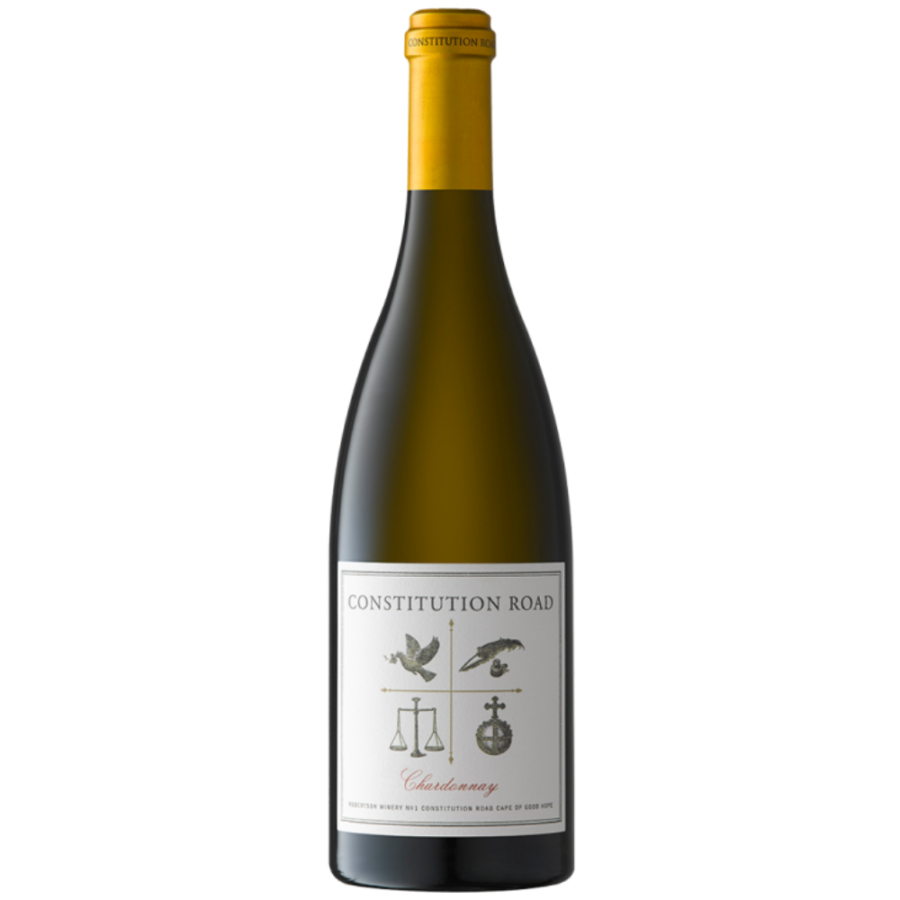 A bottle of Constitution Road Chardonnay white wine with a gold foil top and a white label featuring black and red text and illustrations, set against a plain white background.
