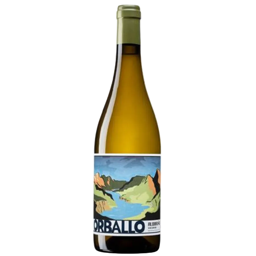 A single bottle of Ribera Albariño white wine by the brand Gorballo, featuring a colorful landscape label on a white background.