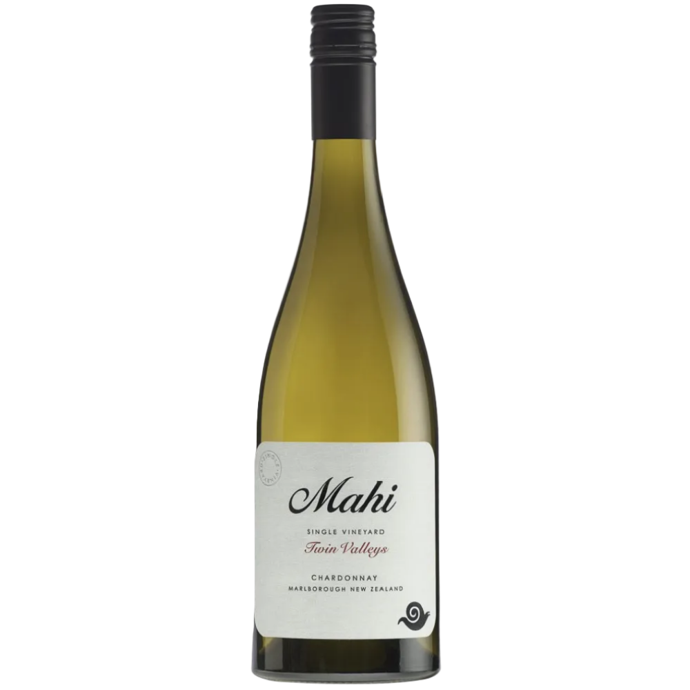 A bottle of Maki Single Vineyard Fein Valley Chardonnay from Marlborough New Zealand, featuring a white label with black and red text, set against a plain white background.