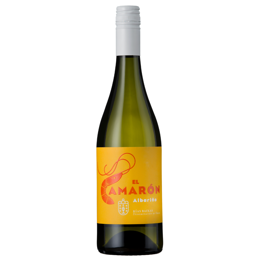 A bottle of Elamarón Albariño white wine with a vibrant yellow label and a white screw cap, set against a plain white background.