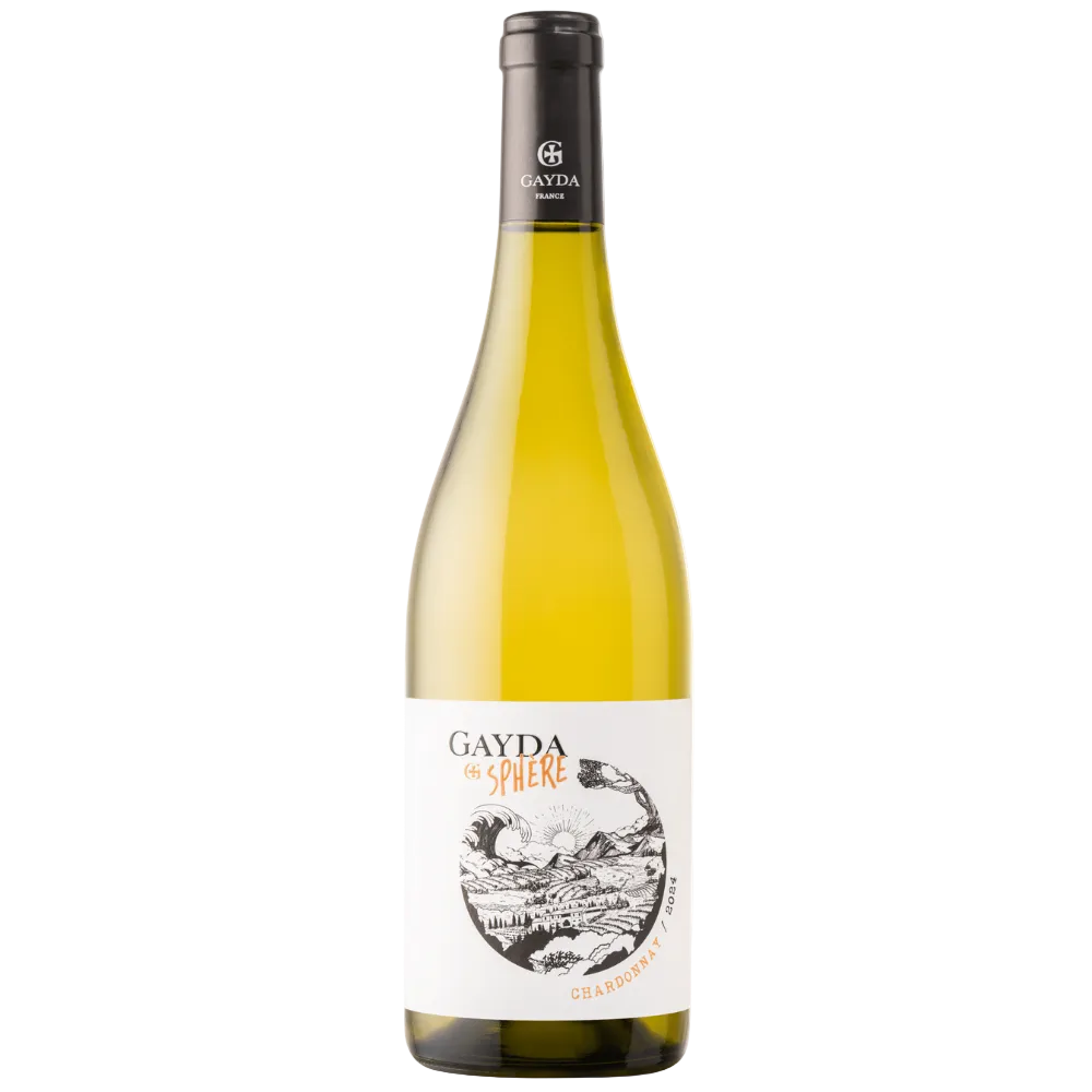 A bottle of Gayda de Sphère Chabrollos white wine with a white label and black cap, photographed on a clean white background.