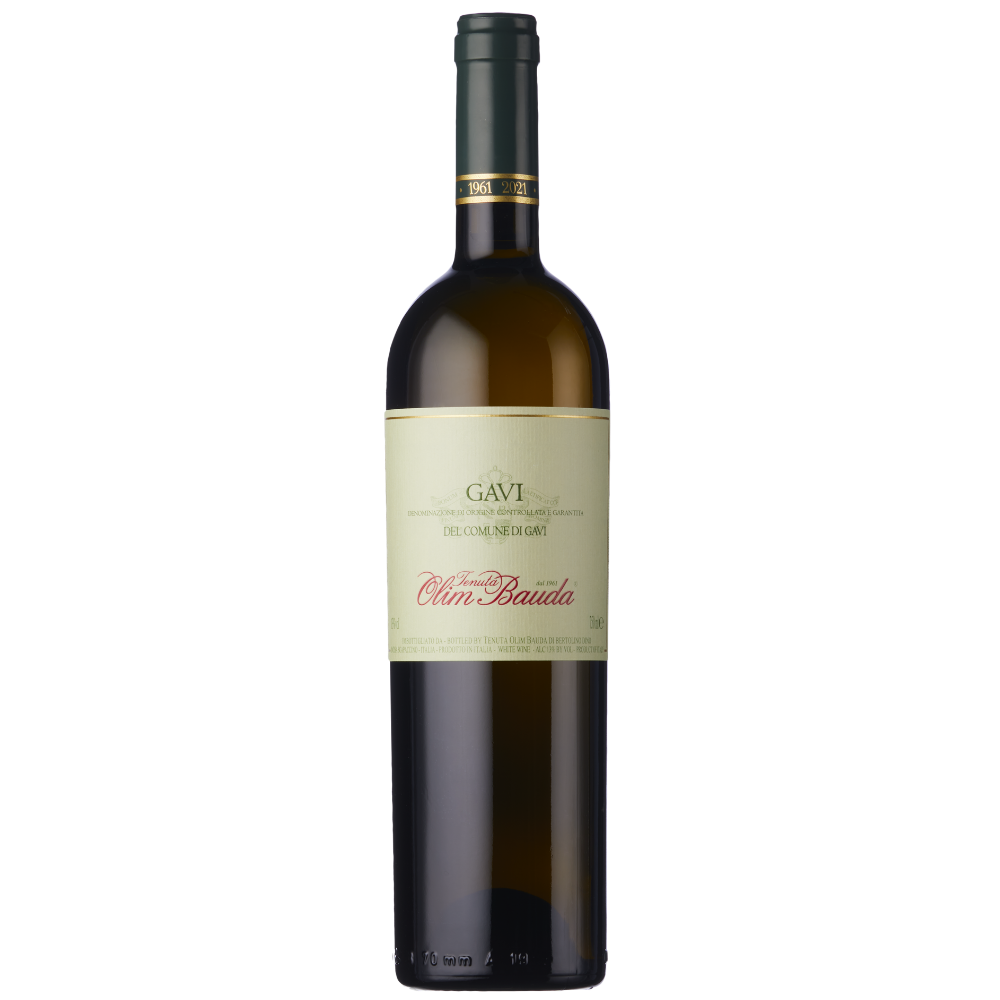 A bottle of Gavi DOCG Sec de la Gavi Oliva Bauda white wine, featuring a dark glass bottle with a cream-colored label and a black screw cap, set against a plain white background.
