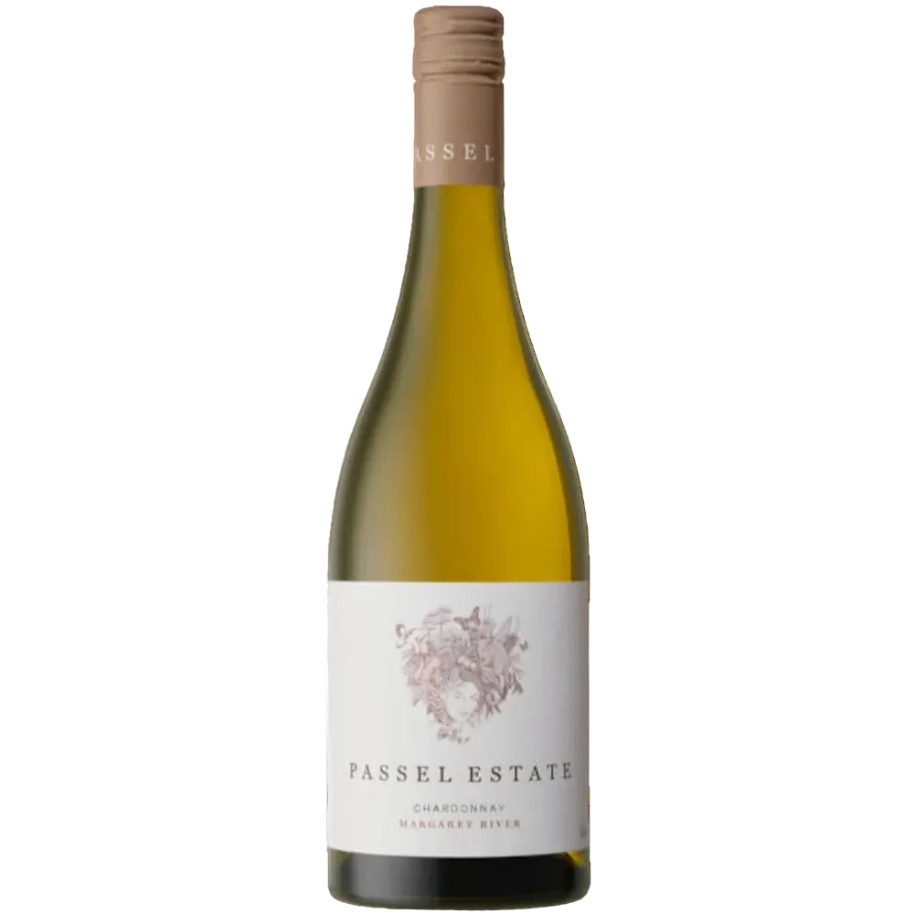 A bottle of Passel Estate Chardonnay Margaret River white wine, featuring a pale green glass bottle, a white label with a delicate pink floral illustration, and a brown paper neck wrap, set against a plain white background.
