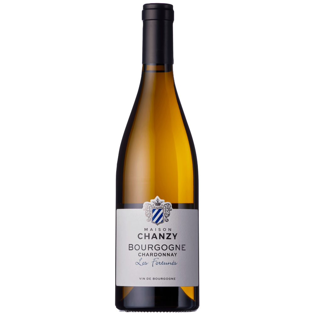 A bottle of Maison Chanzy Bourgogne Chardonnay wine, featuring an amber glass bottle with a black capsule and a white label with a blue and silver crest.