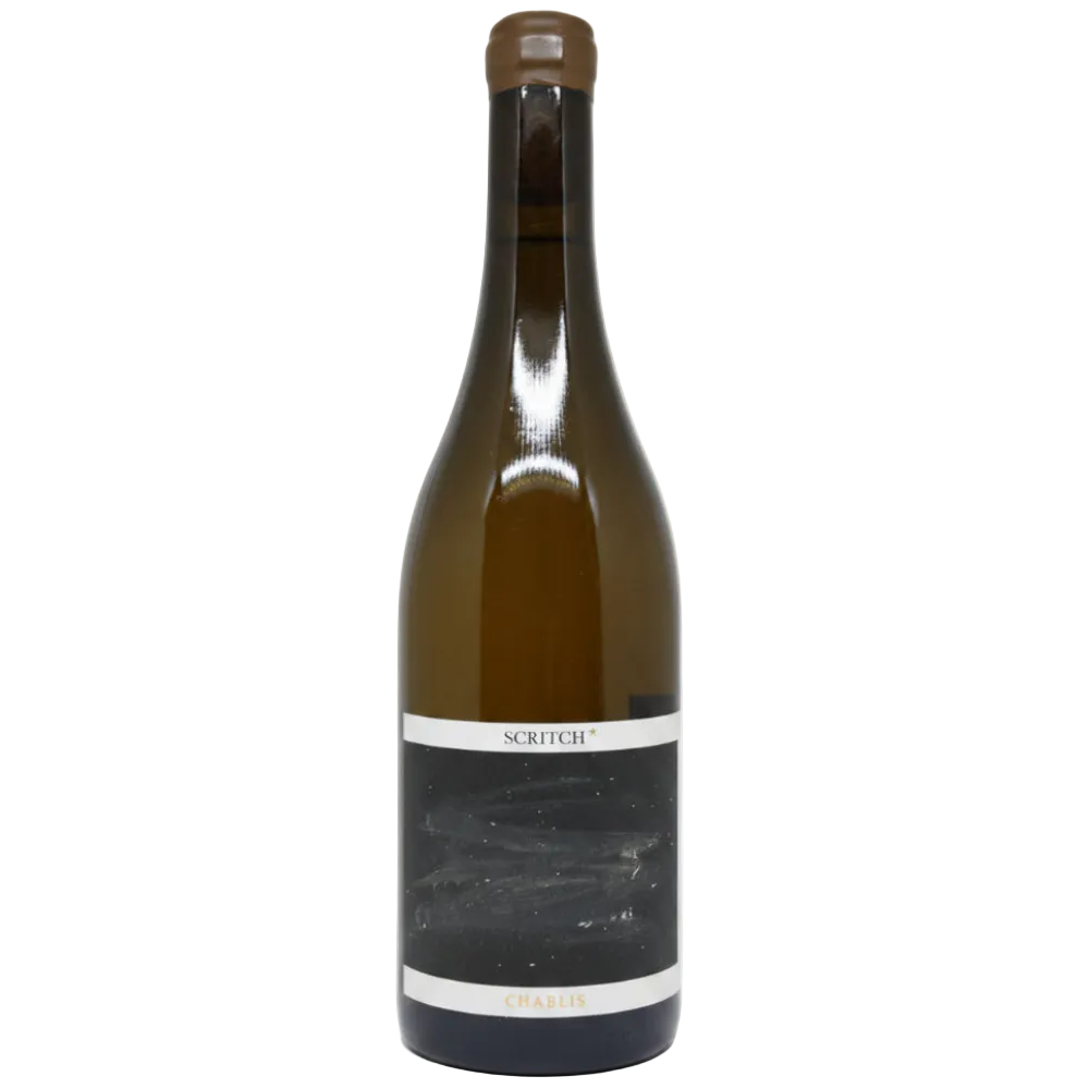 A bottle of Scrutch Chardonnay with a dark brown glass body, a brown screw cap, and a black label with white text, set against a plain white background.
