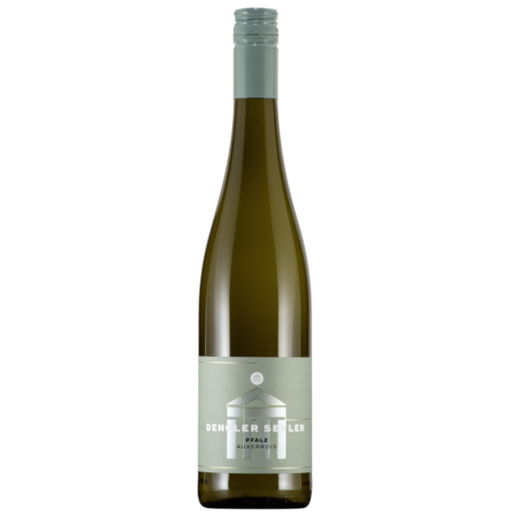 A bottle of Denner Siller Pfalz Alkoholfrei white wine with a pale sage green label and a gray-green screw cap, shown on a solid white background.