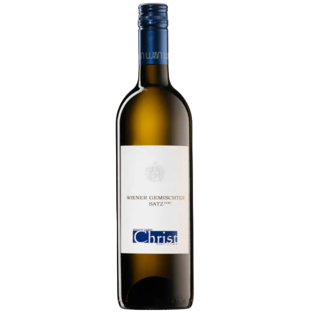 A bottle of white wine with a white label and a blue foil-wrapped neck, photographed against a plain white background. The label shows the brand name Christ.