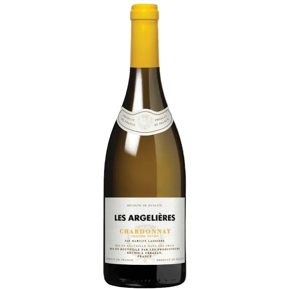 A bottle of Les Argelières Chardonnay non-alcoholic wine, featuring a dark green glass bottle, a bright yellow capsule and foil, and a white label with black and gold text.