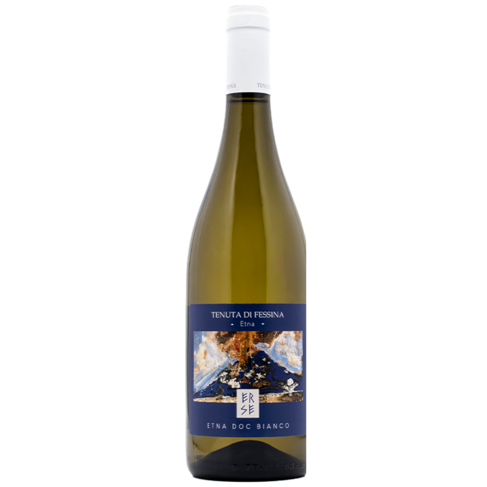 A bottle of Tenuta di Fessina Etta DOC Bianco white wine on a solid white background. The bottle is made of dark olive-green glass with a white screw cap and a blue label featuring a scenic illustration of Mount Etna.