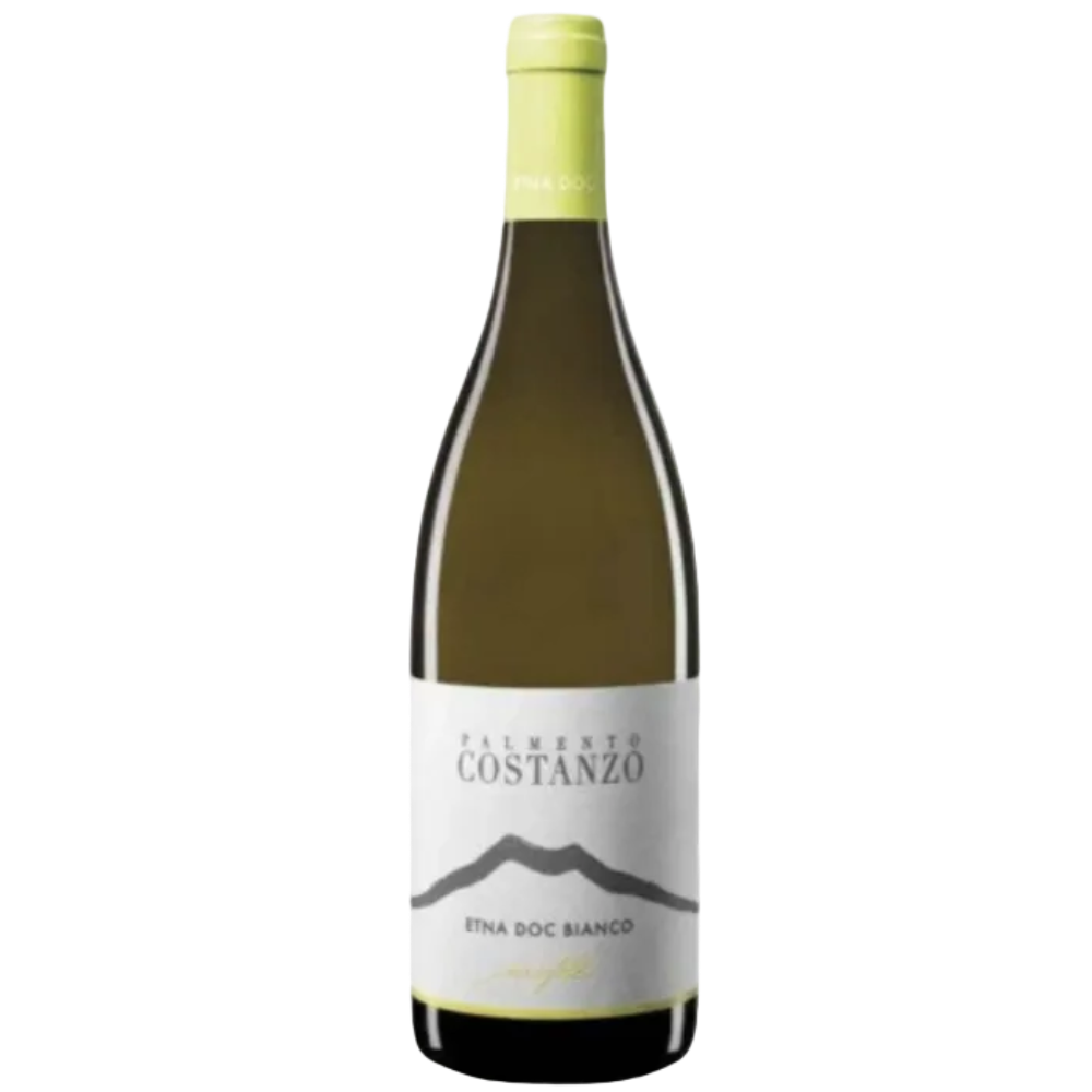 A bottle of Costanzo Etina DOC Bianco white wine, featuring a dark olive-green glass bottle, a light green foil capsule at the neck, and a white label with a minimalist gray mountain graphic.