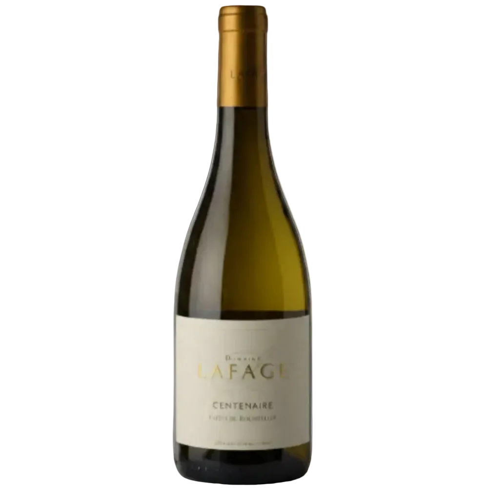 A bottle of La Fage Centenaire white wine, featuring a dark green glass bottle with a gold foil capsule and a cream-colored label.