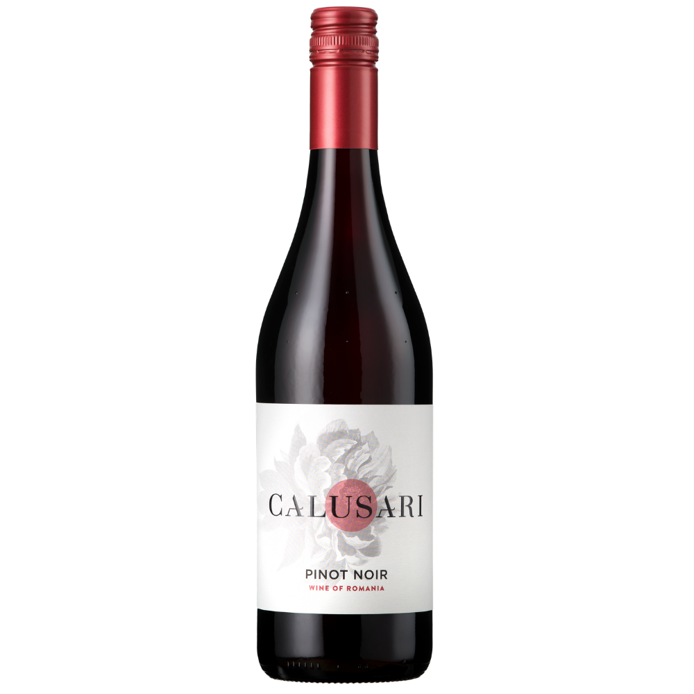 A bottle of Calusari Pinot Noir red wine from Romania, featuring a dark glass bottle with a metallic red foil cap and a white label with a floral design.